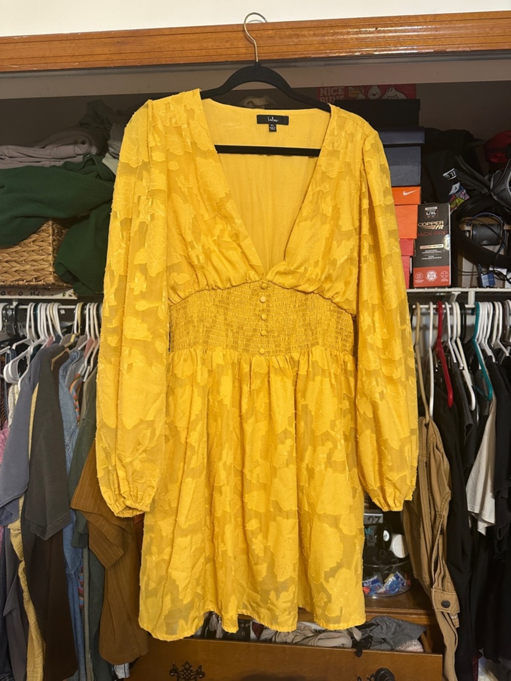 Lulus Yellow Floral Long-Sleeve Smocked Mini Dress